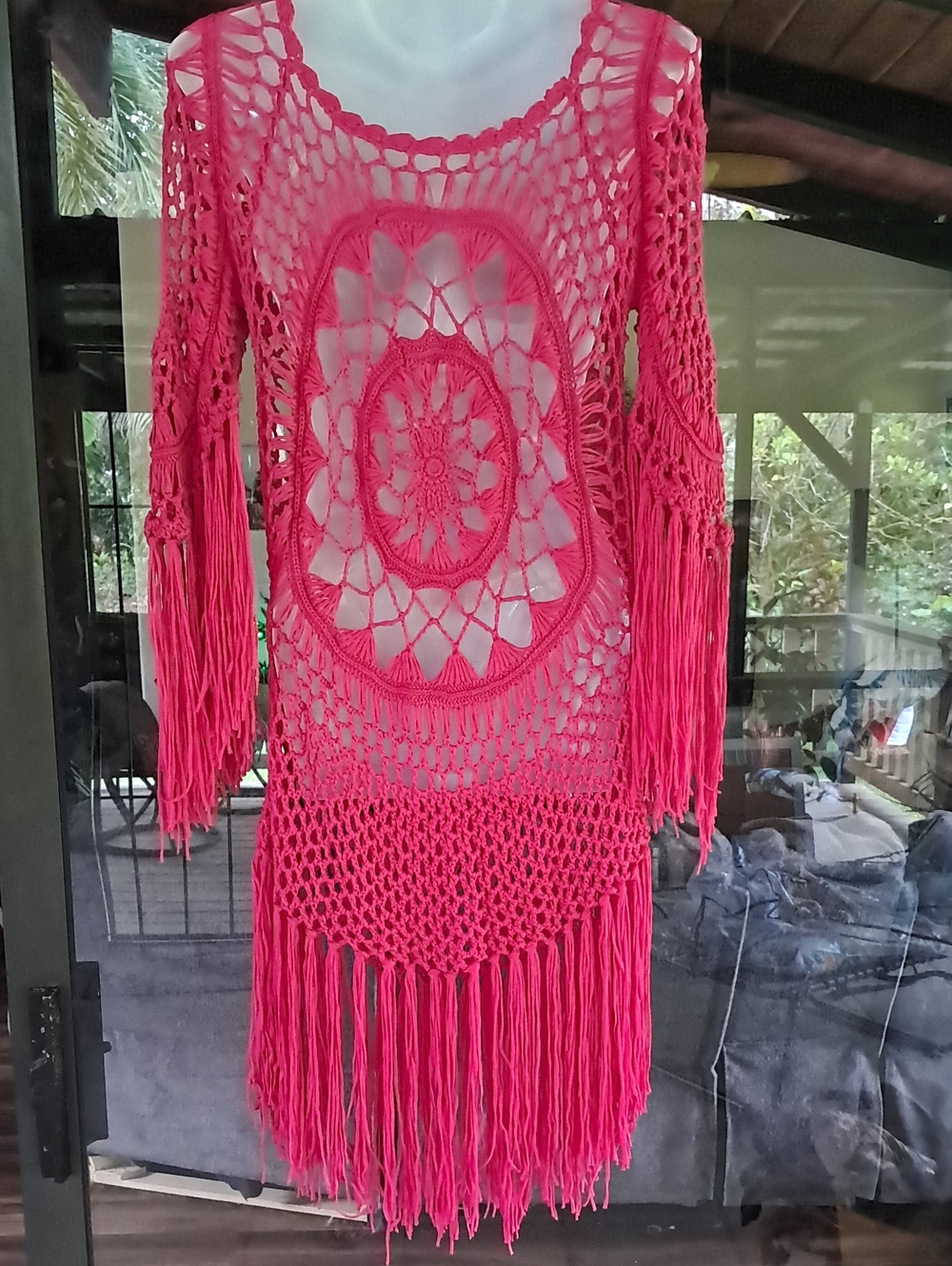 Handmade Crochet Fringe Tunic Dress in Hot Pink